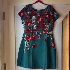Anthropologie Teal Dress with Red Floral Design